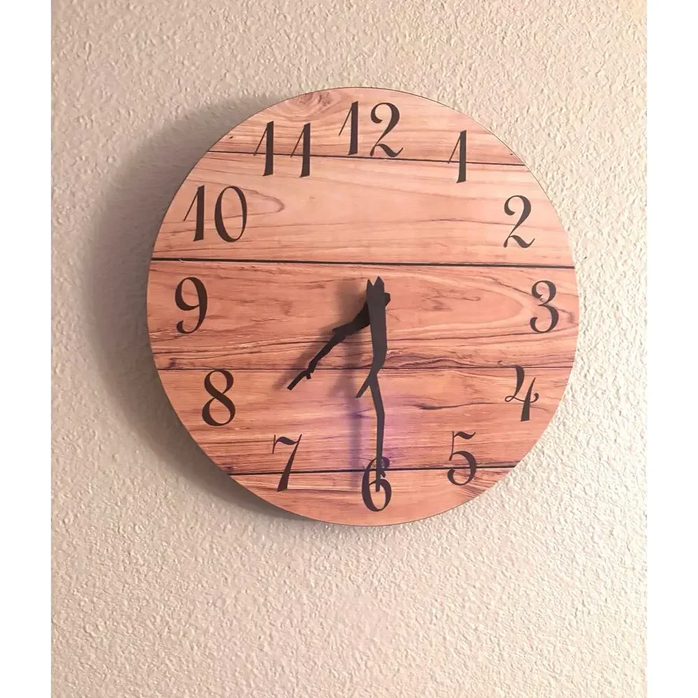 12in Wood plank rustic style round, frameless wall clock silent quartz movement